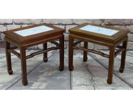 PAIR CHINESE ELM & PORCELAIN INSET TOP OCCASIONAL TABLES, 55 x 37cms (2)There is general wear to both, light scuffs and scrat