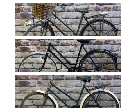 THREE VINTAGE LADIES BICYCLES, comprising green Phillips 18" bike with centre pull stirrup brakes, black Rudge 21" frame bike
