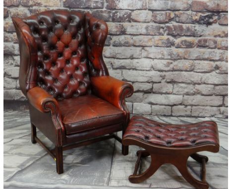 GEORGE III-STYLE MAHOGANY &amp; LEATHER WINGBACK ARMCHAIR, red button upholstered back, square cushion, scrolled arms, moulde