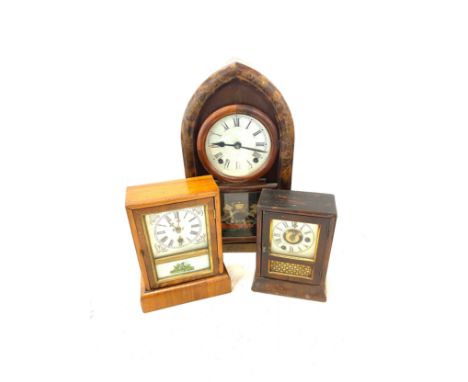 3 American shelf clocks includes one 8 day clock etc all with keys and pendulum 