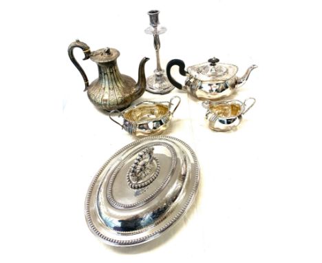 Silver plated teaset, entree dish, lamp base, teapot etc 