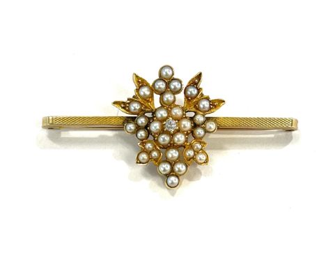 9ct Gold pearl and diamond bar brooch Birmingham hallmarks, makers marks S J R, weight approx 8.8g 