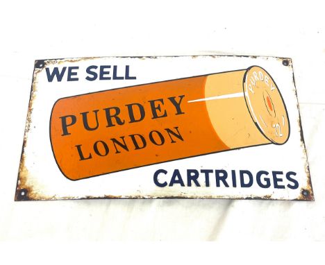 Vintage enamel Purdy London metal advertising sign, approximate measurements: Width 18.5 inches, Height 10.5 inches 