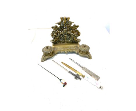 Vintage brass inkwell and letter holder 