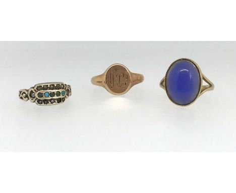 A 9ct gold signet ring, a 9ct gold blue stone ring and a 9ct turquoise and seed pearl ring, approx 11gms.