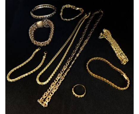 A collection of various 9ct gold chains and bracelets, approx 137gms, together with a yellow metal pierced bangle.