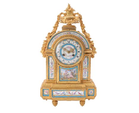 A French Sevres style porcelain and gilt metal mounted mantel clock, the eight day two train bell striking, movement stamped 