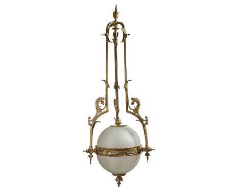 A gilt metal and frosted glass pendant ceiling light, 20th century, the recessed frame cast with stars and with dragon mounts
