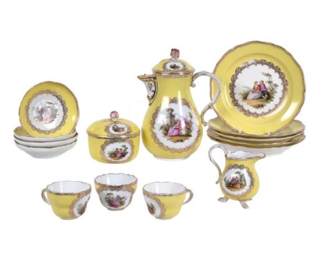 A Meissen (outside decorated) yellow-ground part coffee service, late 19th century, Dresden decorated with panels of Watteaue