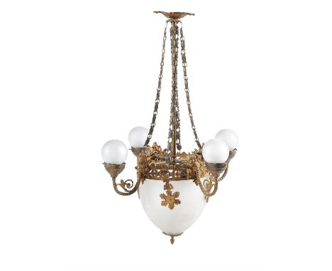 A Continental, probably French, gilt-metal and frosted glass four-branch ceiling light, late 19th/early 20th century, the ovo