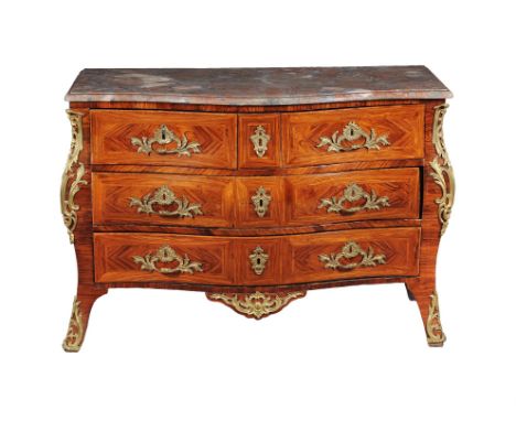Y A kingwood and gilt metal mounted commode, 18th century and later, of bombe outline, the serpentine marble top above three 