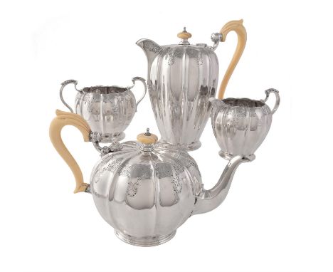 Y A silver melon shaped four piece tea service by The Goldsmiths & Silversmiths Co. Ltd, London 1934 (Jubilee mark), the tea 