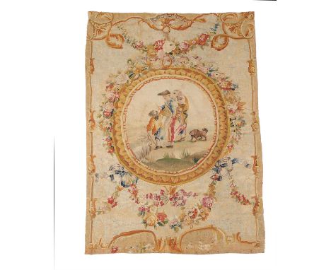 A pair of Louis XVI pastoral tapestry panels, late 18th century, each with country figures within a central reserve surrounde