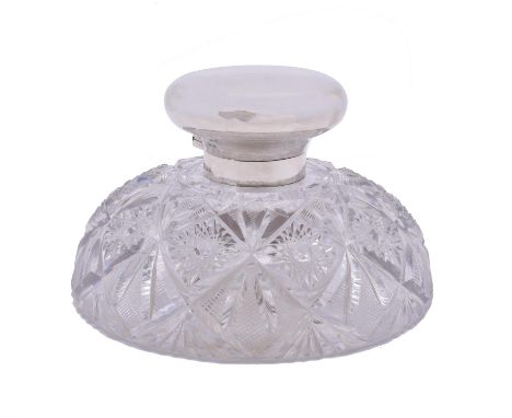 An extra large silver and cut glass inkwell by Martin Hall & Co. Ltd, Birmingham 1912, with a plain domed hinged cover and co
