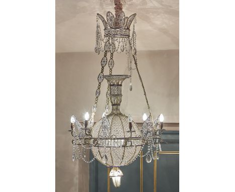 A Continental beadwork and wirework six light chandelier, possibly Venetian, the cobalt and clear glass beaded frame surmount