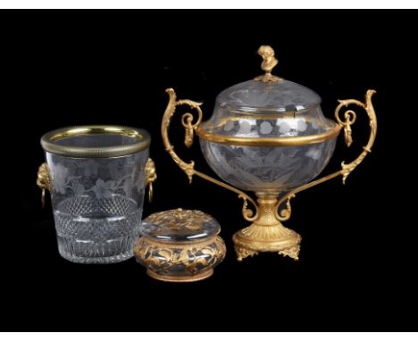 A French engraved clear glass and gilt metal mounted twin-handled pedestal punch bowl and cover, last quarter 19th century, 4