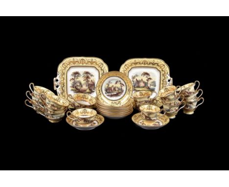 An English porcelain 'Etruscan' shape pale-yellow ground and gilt part tea service, circa 1820, painted with landscapes, comp