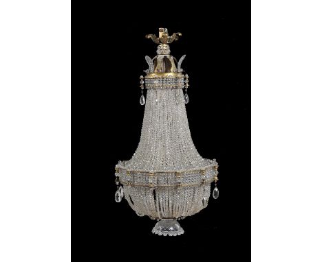 A Continental gilt-metal beaded and cut-glass chandelier, late 19th/early 20th century, possibly Italian, of bag form, hung w