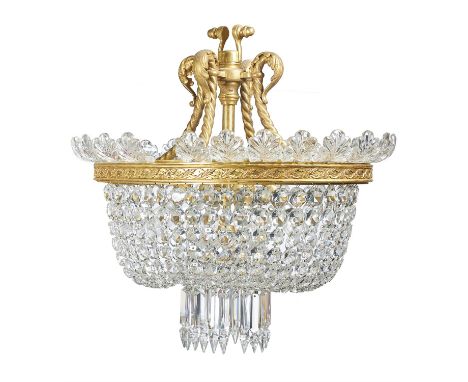 A cut glass and gilt metal mounted ceiling light, modern, the rope-twist ceiling supports descending to a bag-form body, susp