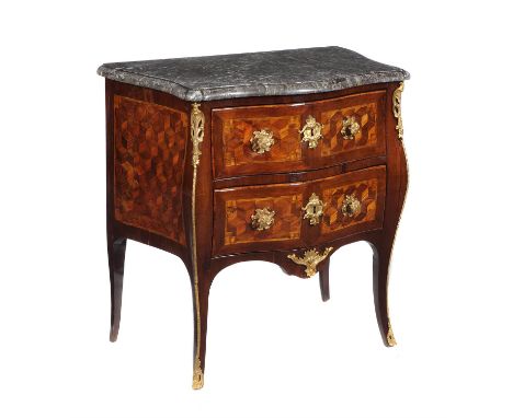 Y A French rosewood, parquetry inlaid, and gilt metal mounted petite commode, of serpentine outline, with marble top above tw