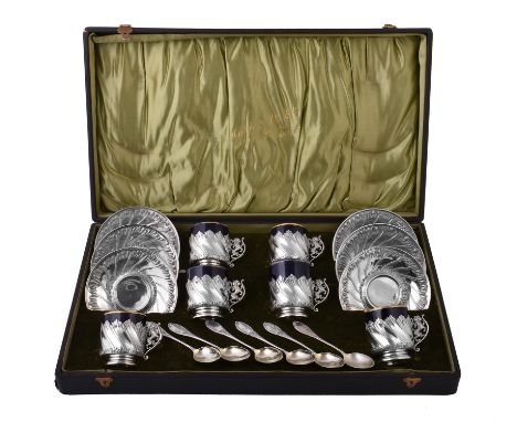 A set of six French silver mounted porcelain coffee cups and saucers by Edouard Ernie, 1878-1973 1st standard export mark, im