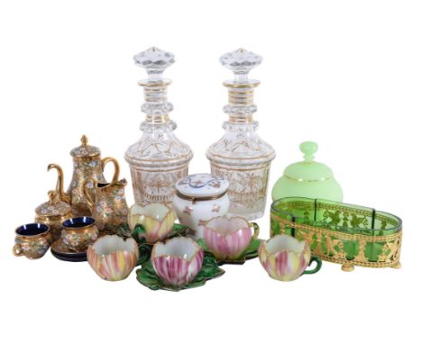A selection of coloured glass, various dates late 19th century and later: including: five similar modern tulip cups and sauce