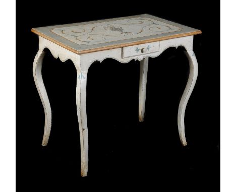 A French painted side table, circa 1860, with single frieze drawer raised on slender cabriole legs, 75cm high, 84cm wide, 54c