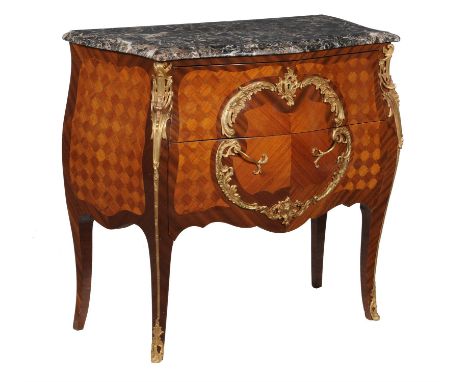 Y A French mahogany kingwood, parquetry, and gilt metal mounted commode in Louis XV style, 20th century, of serpentine bombe 