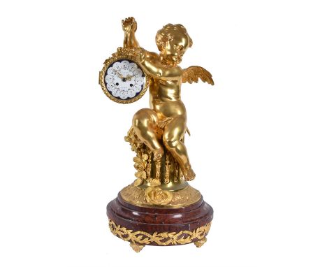 A late 19th century French ormolu figural mantel clock, Deniere Paris, the twin train, eight-day bell striking movement stamp