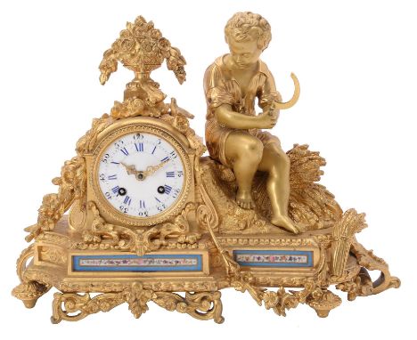 A French gilt metal and Sevres style porcelain mounted mantel clock, Rollin Paris, mid-19th century, the eight-day bell strik