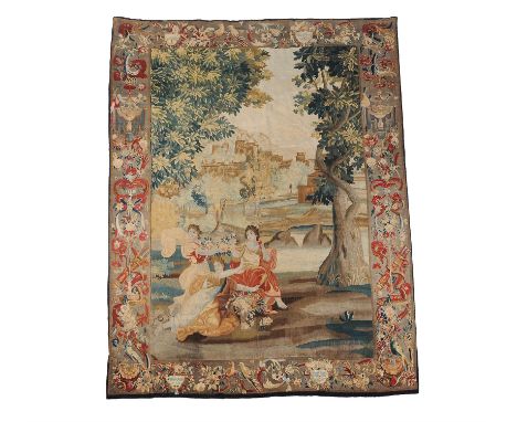 A Flemish mythological tapestry with Eurydice bitten by a snake, early 18th century, probably Antwerp, the three maidens in t