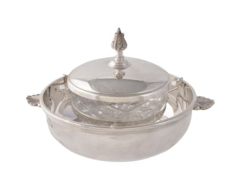 Asprey, a silver and glass caviar serving dish, frame and cover by Asprey plc, London 1995, stamped for Asprey as retailer, w