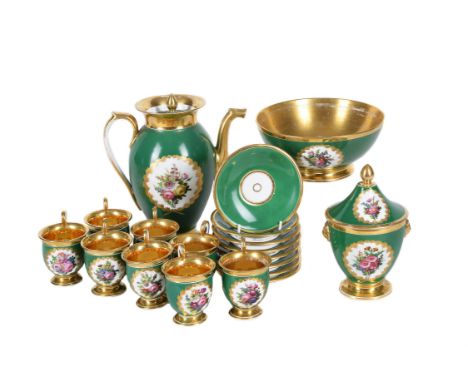 A Paris porcelain Empire-style green-ground and gilt part coffee service, mid 19th century, painted with panels of floral bou