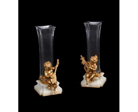 A pair of gilt metal, glass and white marble mounted vases in Art Nouveau style, 20th century, the tapered square bodies desc