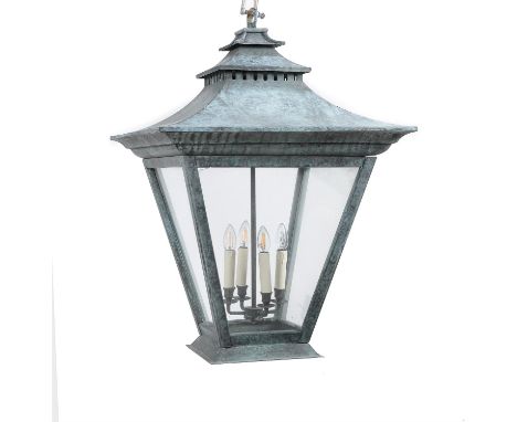 A companion pair of verdigris copper porch lights, modern, of pagoda form, enclosing four light fitments within, 90cm high, 6