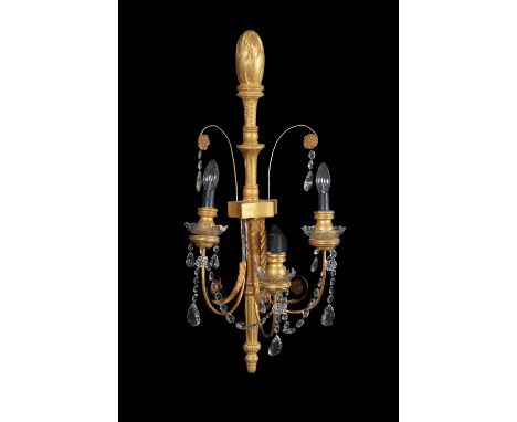 A set of four giltwood and gesso three branch wall lights, each hung with bead swags and pendants, 81cm high, 40cm wide Condi