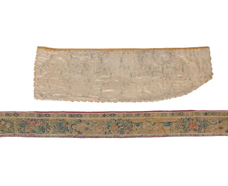 A Flemish tapestry fragment, late 17th century, probably previously a border, woven with seated figures and animals amongst f