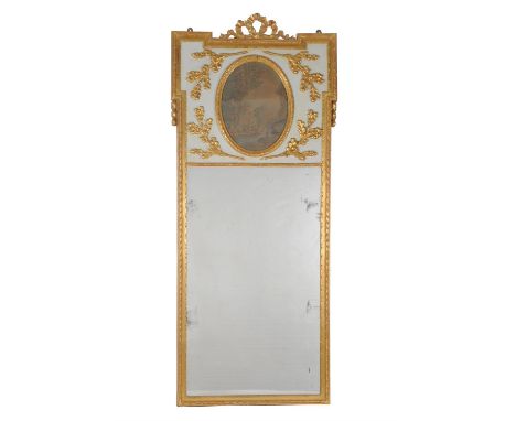 A French parcel giltwood trumeau wall mirror, late 19th/ early 20th century, the rectangular frame inset with an oval print o