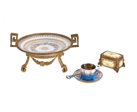 A French porcelain and gilt-metal mounted trinket box and hinged cover, third quarter 19th century, 6cm x 10.5cm x 8cm; a Con