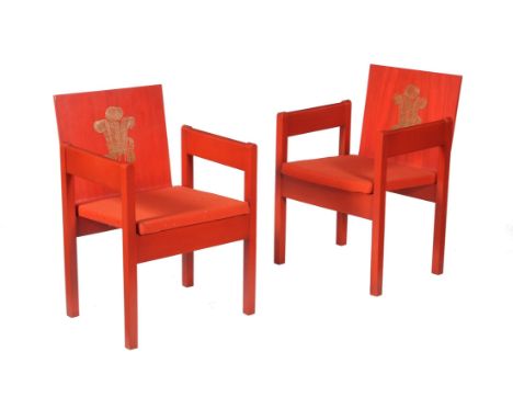 A pair of armchairs from the investiture of the Prince of Wales, 1969, designed by the Rt Hon. the Earl of Snowdon, Carl Toms