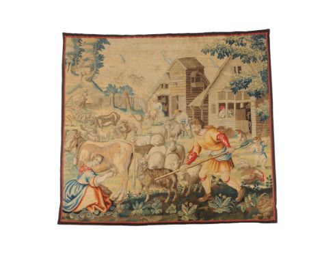 A Continental 'Teniers' tapestry, 18th century, possibly Brussels, emblematic of Spring and fertility, depicting a shepherd w
