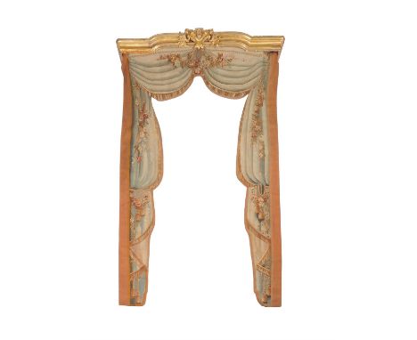 A pair of late 19th century French Aubusson tapestry window surrounds, each woven with drapes, tassels and flowers, each appr