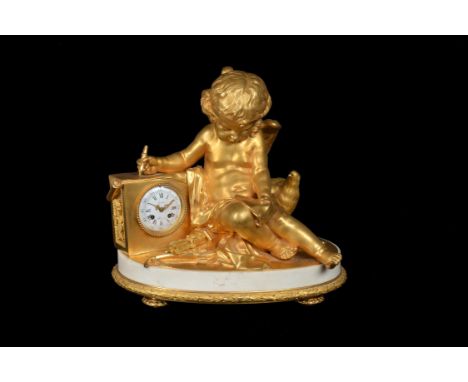 A French ormolu and white marble figural mantel clock in Louis XVI style, Grohé Freres Paris, late 19th century, with eight-d