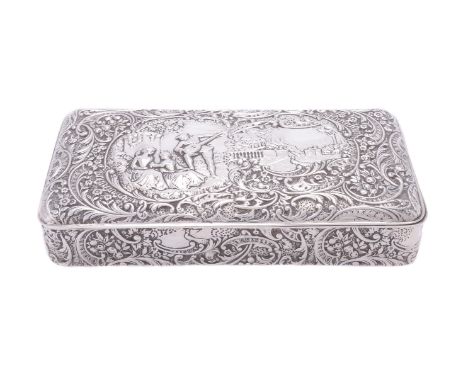 An Edwardian silver rectangular trinket box by Henry Matthews, Birmingham 1901, embossed with 16th century figures within C-s