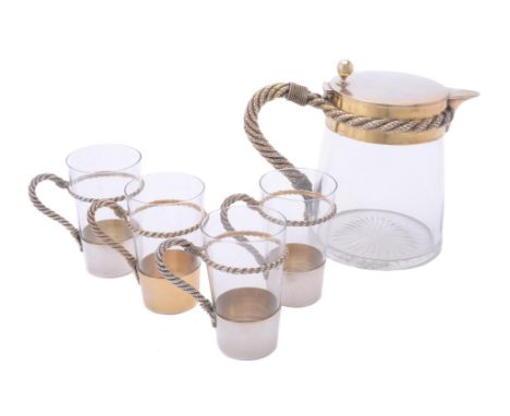 A German silver gilt mounted clear glass lemonade set by Gebrüder Friedländer, Berlin, post 1886 .800 standard, circa 1910, t