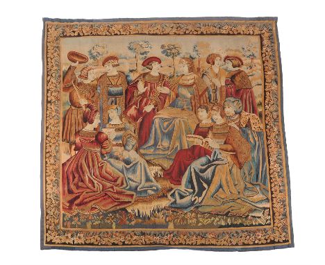 A Continental 'Medievalist' tapestry, in 15th century taste, 19th century, depicting courtly figures in conversation, within 