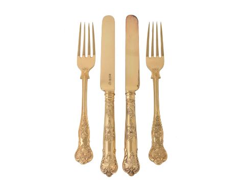 A set of twelve silver git Bright Vine pattern dessert knives and forks by Francis Higgins & Son Ltd, London 1927, 19cm (7 1/