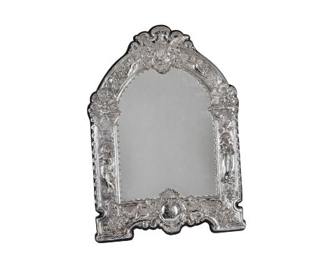 A Victorian silver large dressing table mirror by Frederick Brasted, London 1881, rectangular with a shaped arch top pierced 