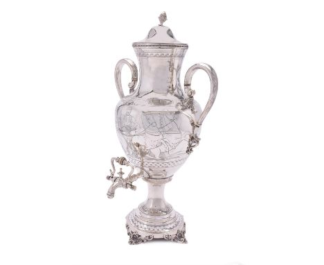 Y A Victorian silver tea urn, cover and liner by Derry & Jones, Birmingham 1864, shoulder ovoid, the twin handles with ivory 