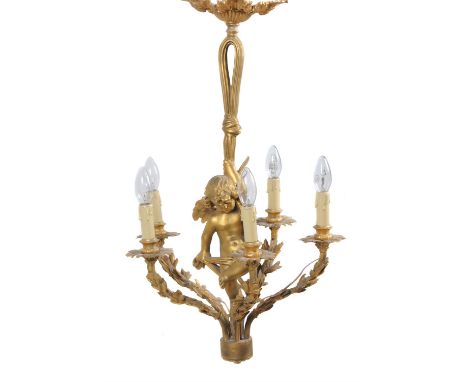A French gilt-metal five-light chandelier, circa 1900, the ribbon tied stem with seated putto and issuing foliate cast branch